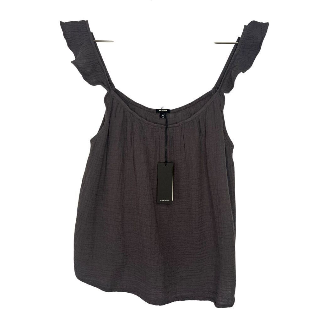 NWT Monrow Gauze Ruffle Cropped Tank Top size Medium Gray 100% Cotton Flowy